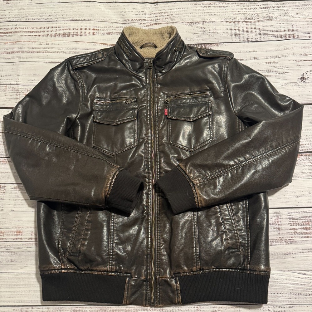 Levi's Faux Leather Jacket Sherpa Lined Brown Men's Size‎ Large